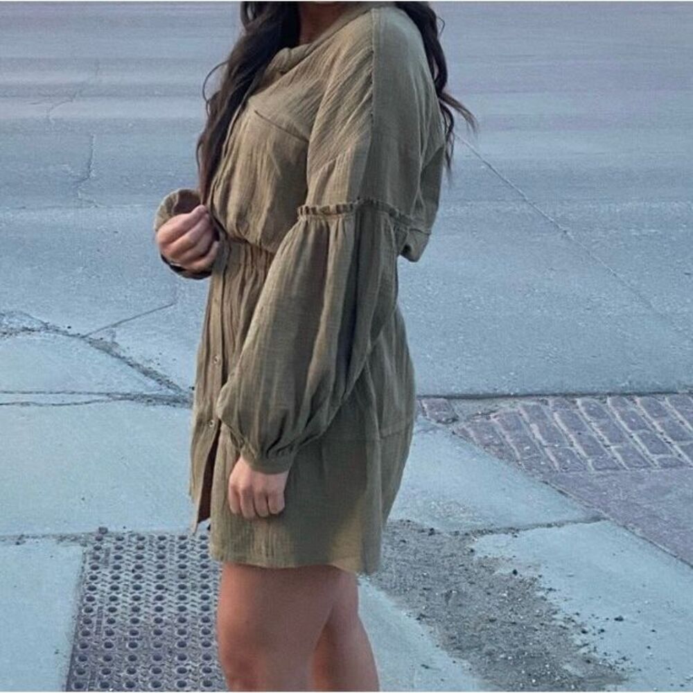Anthropologie Talulah Cotton Gauze MIDI Dress M Long‎ Sleeve Pockets Button Down